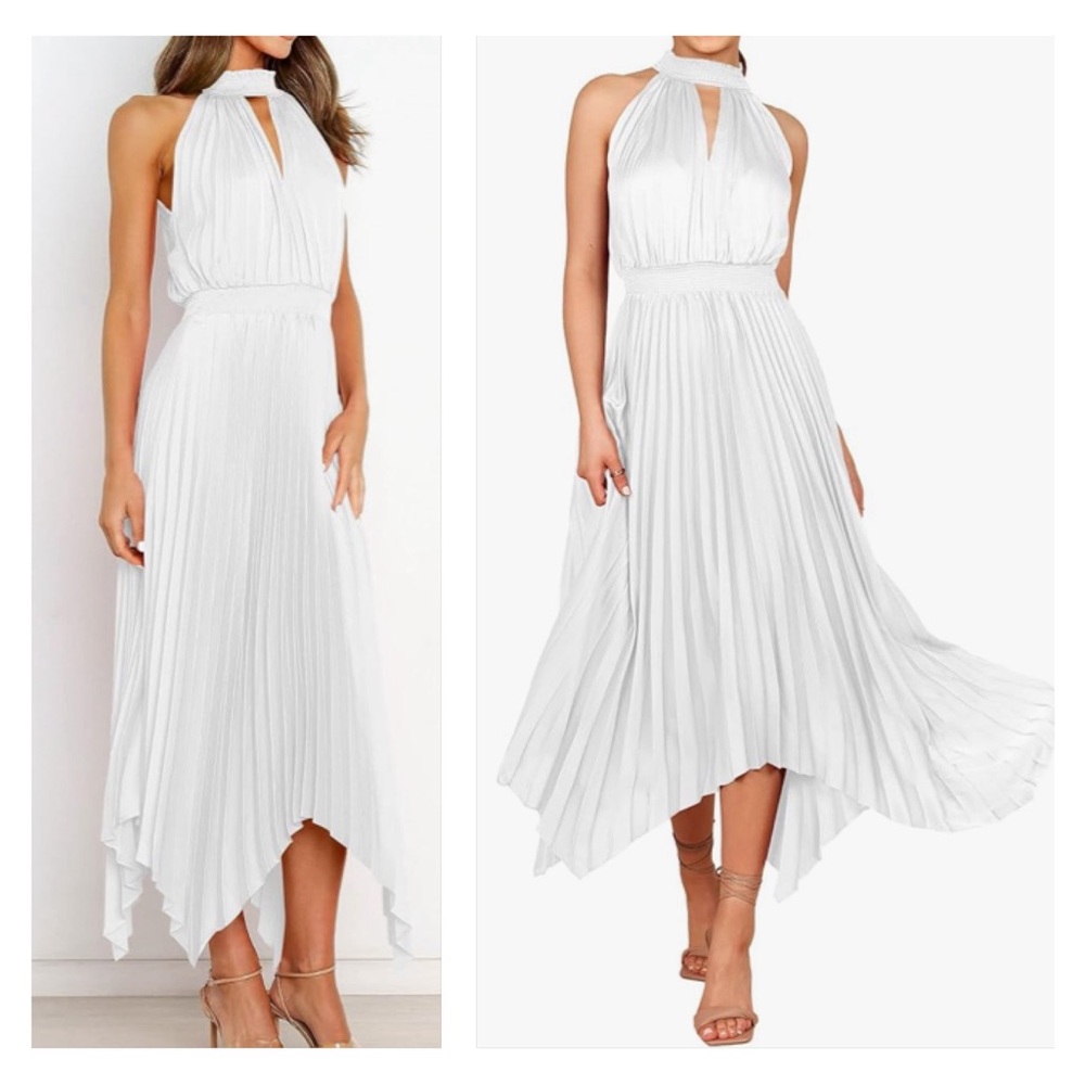 White Sleeveless Pleated Skirt Asymmetrical Hem Satin Look Midi Dress